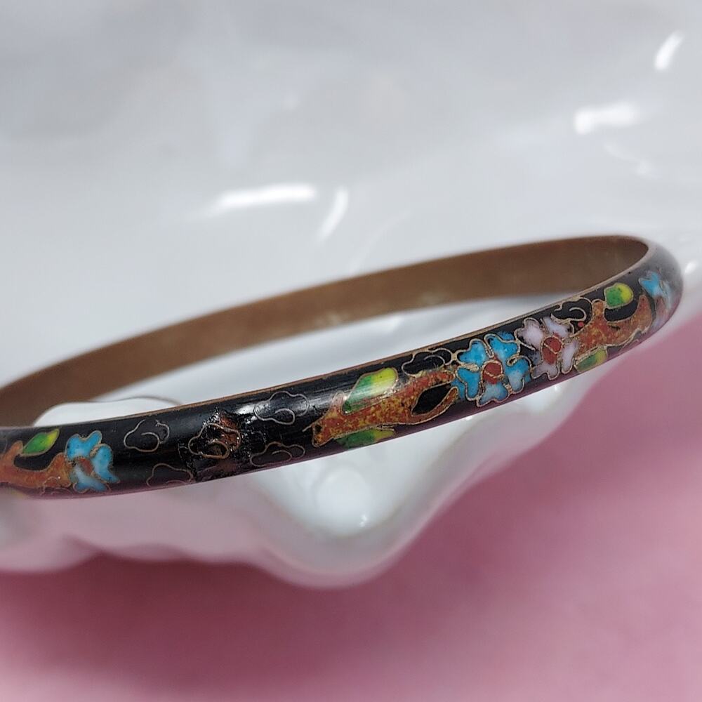 Vintage Cloisonne Bangle Bracelet Black Tree Branches Floral Clouds 6mm wide 8"